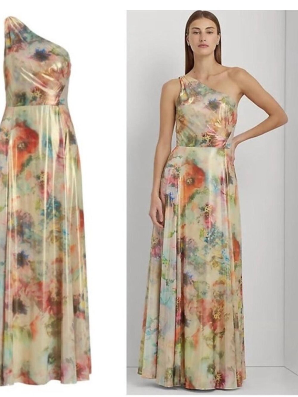 NWT $325 Lauren Ralph Lauren Floral Metallic Georgette One-Shoulder Gown 8